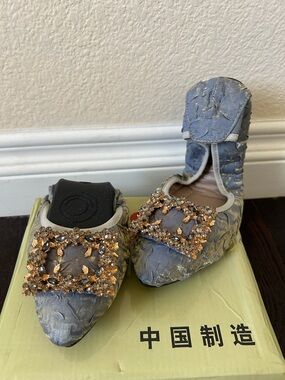 Embellished Blue Brocade Pointed Toe Flats
